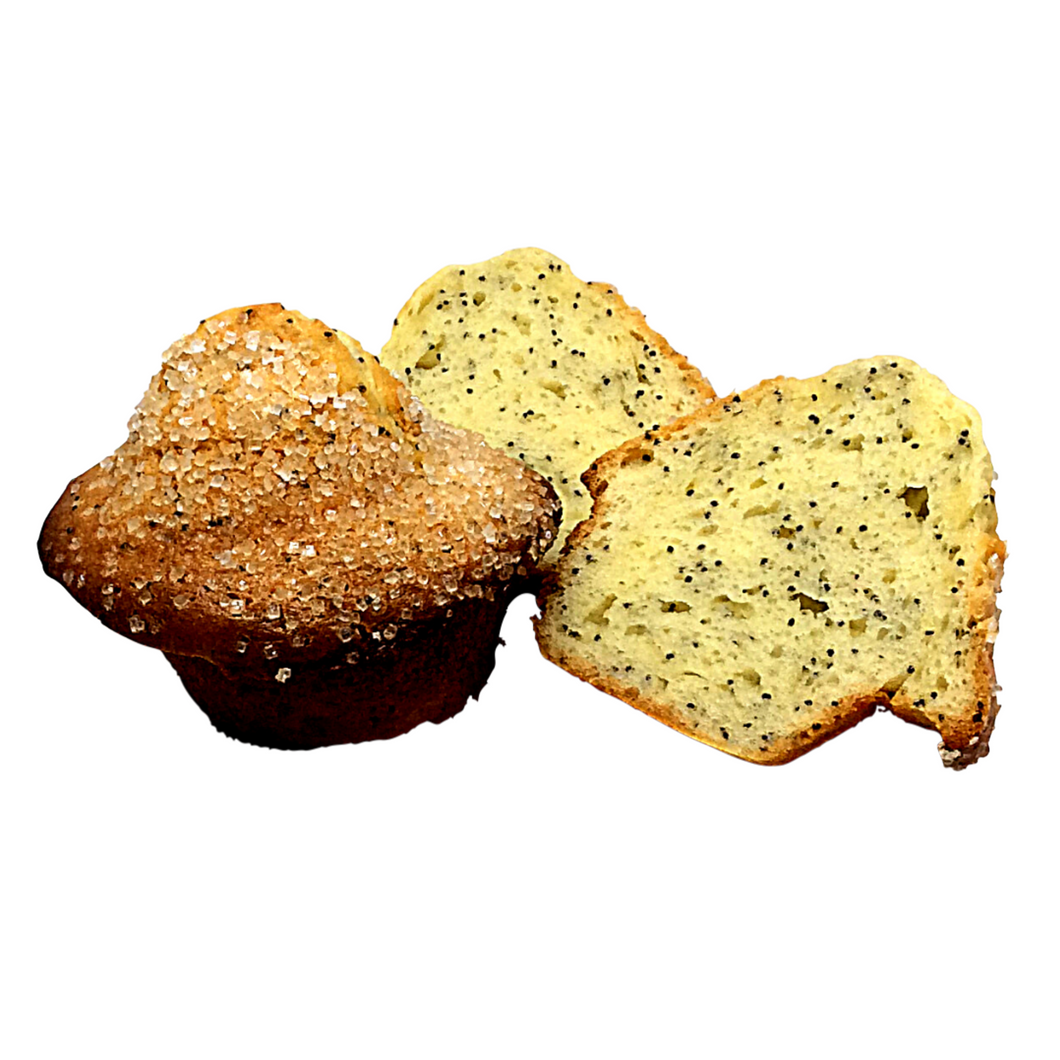 gluten free lemon poppyseed muffins. lemon extract, poppy seeds & topped with coarse sugar.