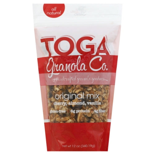 gluten free granola from Toga Granola Co. Slivered almonds, cherry, coconut, oats, vanilla, honey & coconut oil.